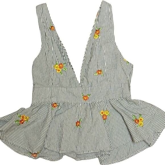 Forever 21  Women’s Striped Peplum Tank Blouse Embroidered  Flowers Small - Picture 2 of 7